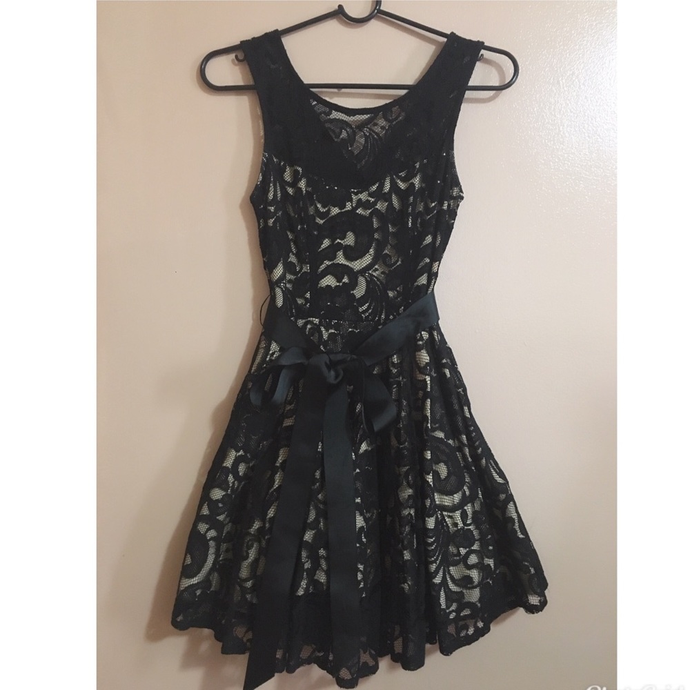 Black Dress with Beige Lining and Ribbon Waist Tie